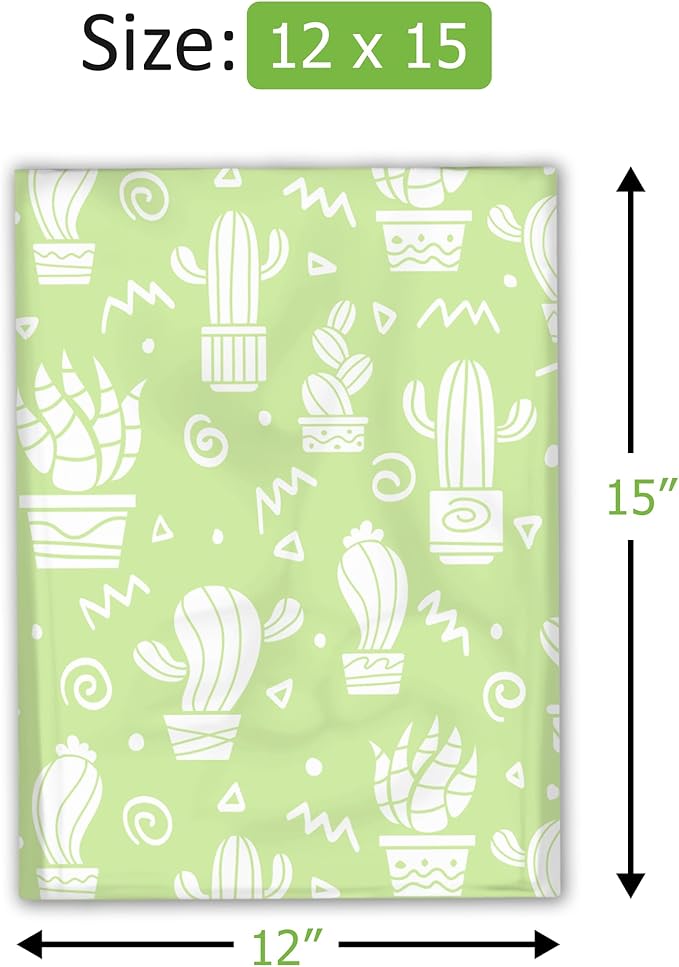 12x15 (50) Green Cactus Designer Poly Mailers Waterproof Self Sealing Tear Resistant Polymailers Shipping Envelopes Premium Printed Bags For Small Businesses