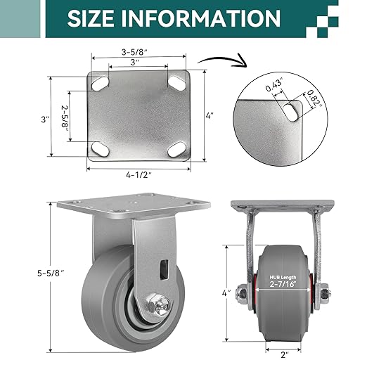 4'' × 2'' Caster Wheels, Heavy Duty Industrial Casters Set of 4 Rubber Wheels, Load 2400lbs Capacity, Swivel Caster for Cart Dolly Toolbox (2 Brake & 2 Rigid)
