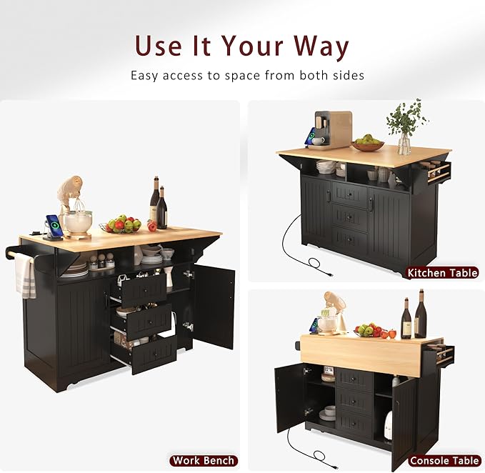 Merax 55.7" Upgraded Large Kitchen Cart Island on Wheels with 2 Drop Leaf,Power Outlet,3 Drawers,Wood Frame Storage Cabinet