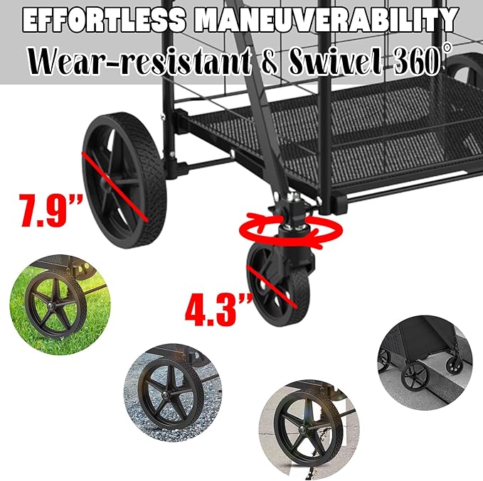 Foldable Shopping Cart with Waterproof Bag, 360° Swivel Wheels & Double Basket, 300lbs Capacity for Groceries, Heavy Duty Utility Grocery Carts for Shopping, Laundry, Camping, Luggage