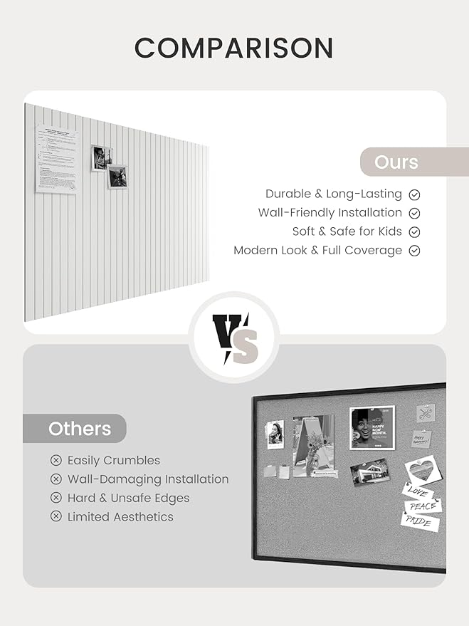 Bumusty Large Cork Board Alternative-47 x35 Felt Bulletin Board Tiles, with 30 Pushpins, 70 Adhesive Tabs, 12-Pack Slat Wall Paneling, Cork Boards for Office Push Pin Board Felt Board-Milky White