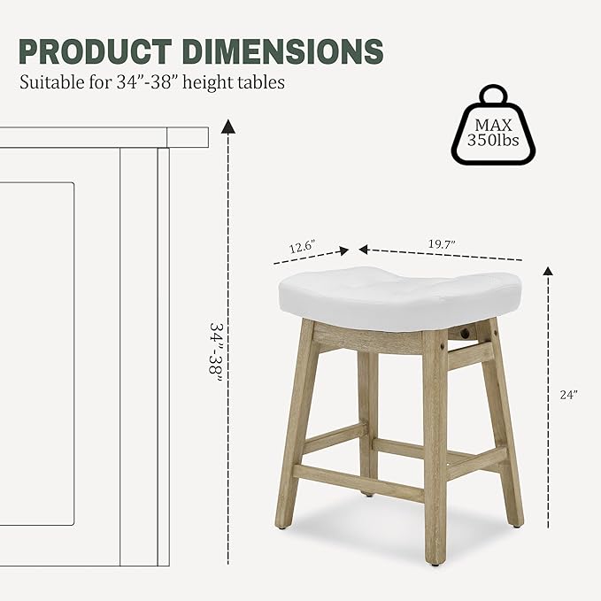 Counter Height White Bar Stools Set of 2 for Kitchen Counter Farmhouse Modern Barstools with Faux Leather Upholstered Backless Seat and Solid Wood Legs 24 inch Bar Chairs, White + Wood Color