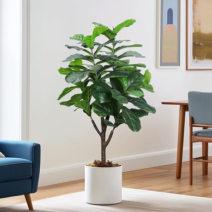 Artificial Fiddle Leaf Fig Tree, 4 FT Tall Fake Ficus Lyrata with Pot, Faux Silk Plants Indoor, Realistic Artificial Plants Decor for Home Office Living Room Decor Indoor Outdoor