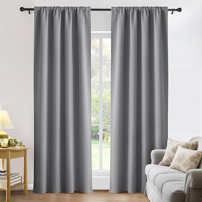 PONY DANCE Blackout Curtains for Bedroom 90 inches Long 2 Panels Set, Thermal Insulated Rod Pocket Black Out Window Drapes, Noise Reducing Window Treatment for Living Room(W52 x L90 inch, Silver Grey)