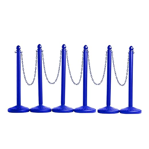 Montour Line Plastic Stanchion Blue 2.5 Inch Diameter with 50 Foot Chain, 6-Pack, Crowd Control Barriers