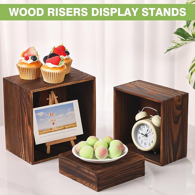 3 Pack Wood Cake Cupcake Stand Buffet Risers, Wooden Display Stand Wood Display Riser, Square Food Display Risers for Party Wedding Birthday Home (6" 7" 8")