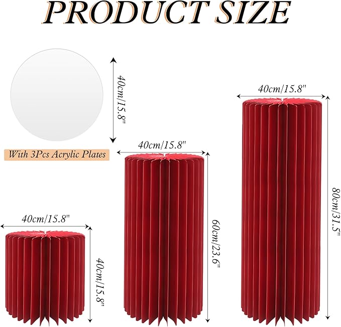 magalo Cylinder Stands for Party 3PCS Foldable Cardboard Columns Round Display Pedestal Stand Cylinder Tables for Wedding Birthday Baby Shower Dessert Cake Decoration-Red