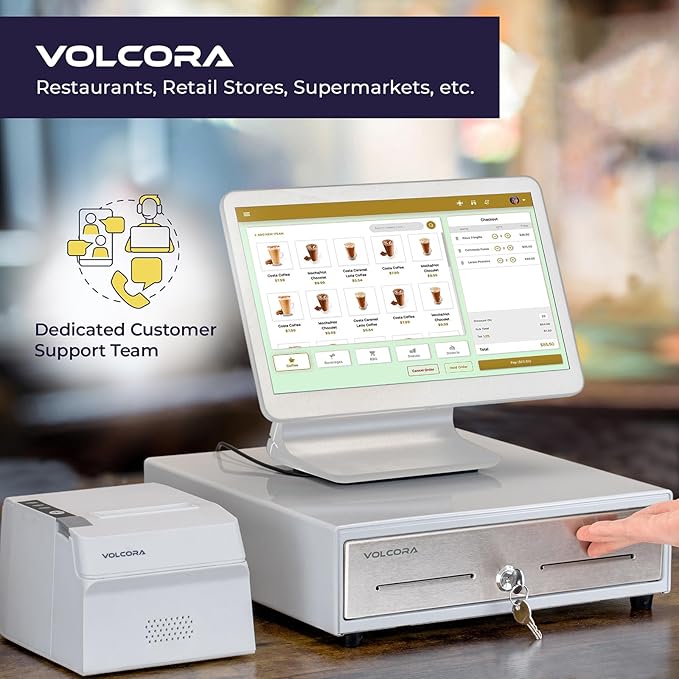 Volcora 13" Manual Push Open Cash Register Drawer for Point of Sale (POS) System - White with Stainless Steel Front Touch Panel - with 4 Bills and 5 Coin Slots, Key Lock with Removable Coin Tray