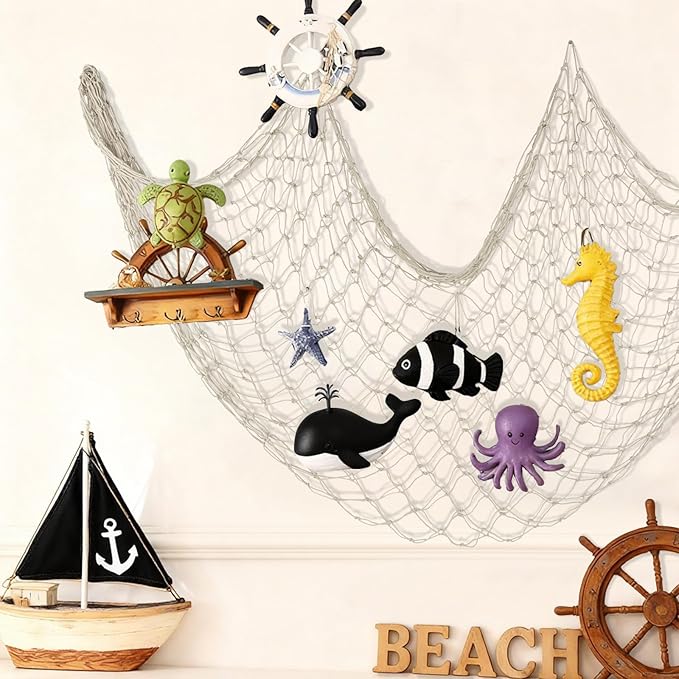 Patioland Decorative Fishing Net 2 Pack, 80x40 Inch Large Beige Fish Net Decor for Wall, Photo Display, Nautical Mermaid Pirate Ocean Themed Beach Hawaii Under the Sea Party Decorations