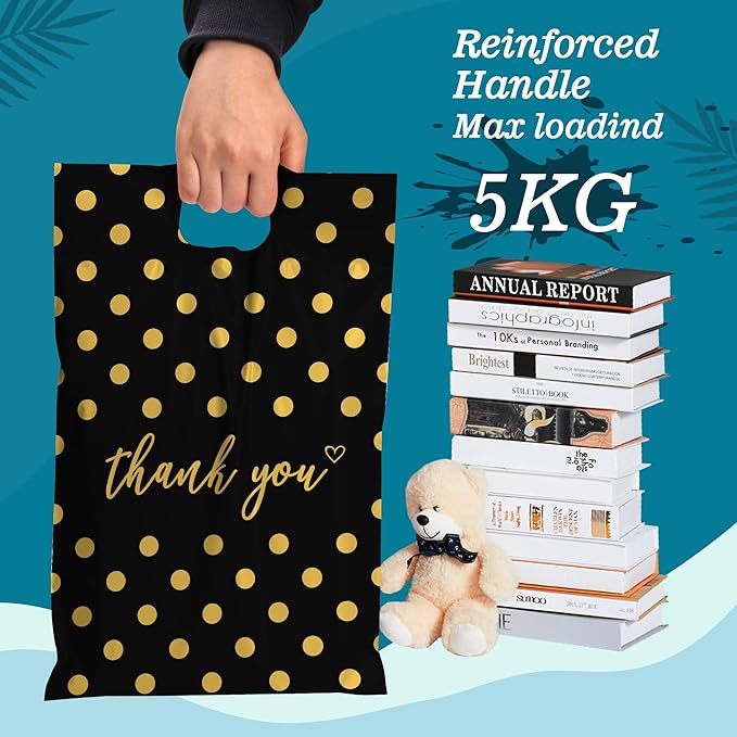 JinRuiKJ Poly Mailers with Handle 12x15.5 Inch 50 Pcs, Easy to Carry Packaging Bags for Small Business, Thank You Shipping Bags with Self Adhesive Strip, Tearproof and Waterproof - Gold Polka Dot
