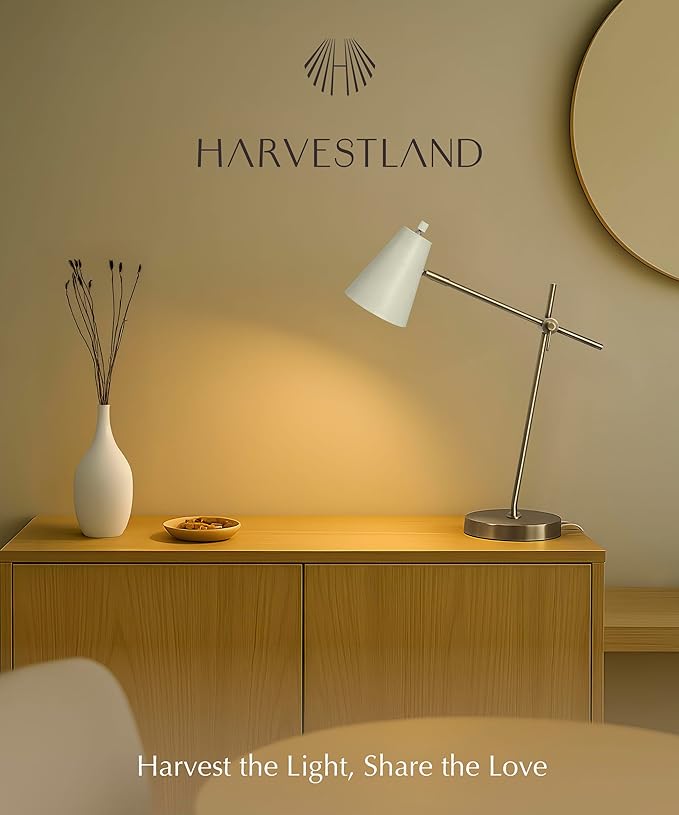 HarvestLand HaloBar Brass Desk Lamp Home Office – White Industrial Table Lamp with Solid Base for Office, Reading Lamps for Bedside Table, Study and Reading Task Lamp, Christmas Gifts for Adults