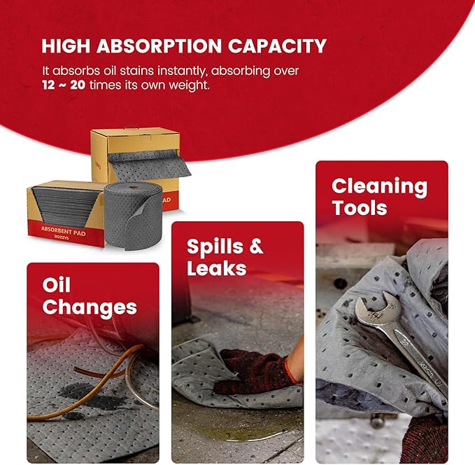 Universal Absorbent Pads Roll | 16"x20" Water Absorbent Mat 100-Pack | Industrial Spill Control for Liquids Leak(32 Gal/Box) | Oil Absorbing Rolls