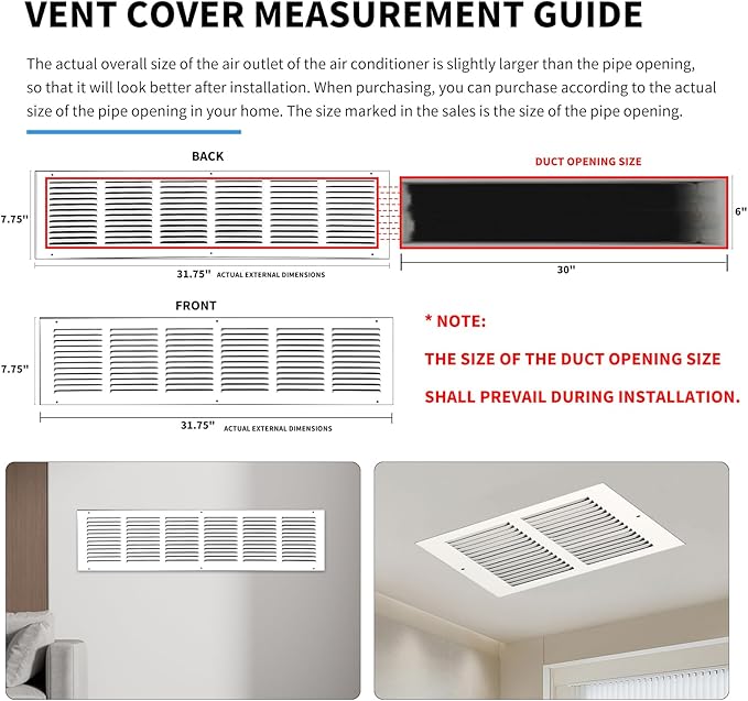 30x6 Return Air Grille(Duct Opening Size),Air Return Vent Cover,Flat Vent Cover,Rejillas De Aire Acondicionado para Casa,Return Air Grilles,Outer Dimensions:31.75"Wx7.75"H(30"W x 6"H, Duct Opening)