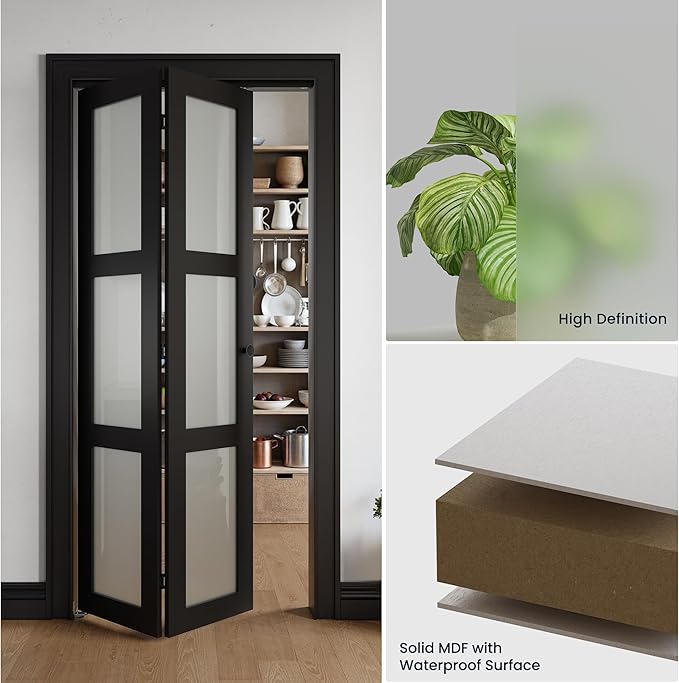 Bifold Doors for 72" x 80" Opening, 3-lite Tempered Frosted Glass Closet Folding Doors with Hardware kit Included, Easy Assembly, Black