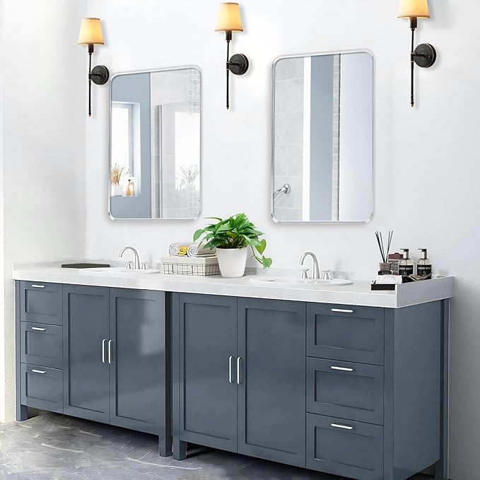 Wall Mount Mirror for Bathroom, Brushed Silver Metal Framed Rounded Corner Rectangular Vanity Mirror (20" x 30", Silver)