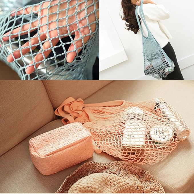 2Pcs Portable Reusable Mesh Cotton Net String Bag Organizer Shopping Tote Handbag Fruit Storage Shopper NEW (green,purple)