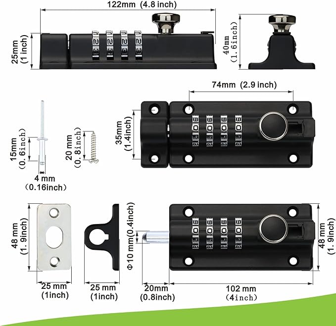 Heavy Duty 4-Digit Combination Locking Bolt - Reinforced Zinc Alloy Security Slide Latch for Gates, Sheds, Barns, Fences & Cabinets - Childproof Design & Anti-Theft Password Setting (Black)