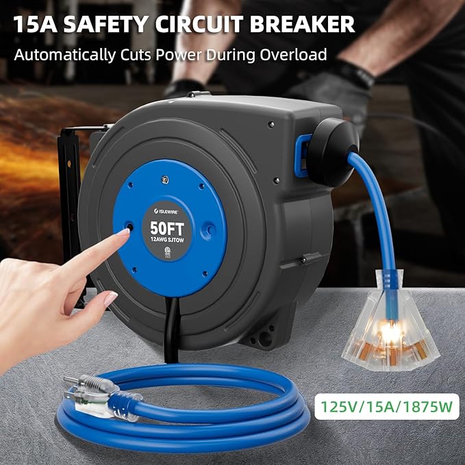 50 FT Retractable Extension Cord Reel, Heavy Duty 12AWG/3C SJTOW Power Cord, Lighted Triple Tap, 15A Circuit Breaker, Wall/Ceiling Mount Electric Cord Reel for Garage & Workshop, ETL Listed, Blue