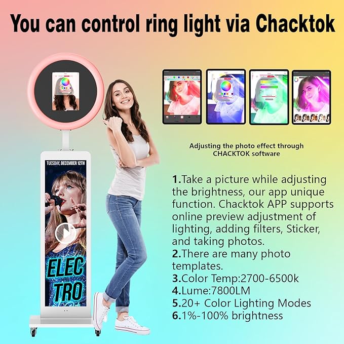 HARZHI 38'' LCD Screen Portable Photo Booth Compatible with Any Ipad, 1080P Intelligent Split Screen Ipad Photo Booth LCD for Wedding Party Software APP Control LCD Ring Light, Flight Case White