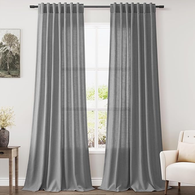 Extra Long Curtains 2 Panels 102 Inches Long for Living Room Cotton Linen Textured Window Curtain Dark Gery Back Tab Rod Pocket Light Filtering Semi Sheer Drapes 102 Inch Length for Bedroom
