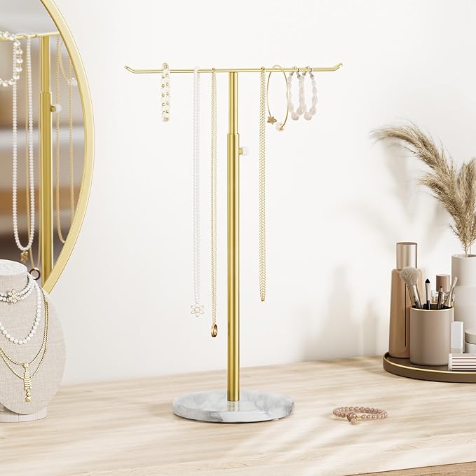 Gold Necklace Holder Jewelry Organizer Stand – Adjustable Height T‑Bar Jewelry Display with White Marble Base, Necklace & Bracelet Holder, Countertop Jewelry Stand