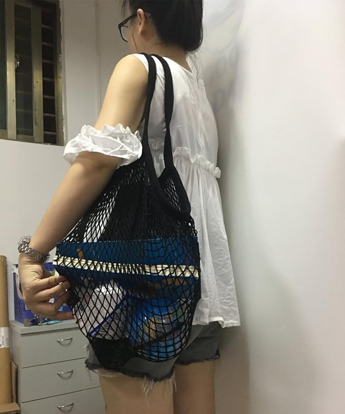 Portable Reusable Mesh Cotton Net String Bag Organizer Shopping Tote Handbag Fruit Storage Shopper NEW (black02)