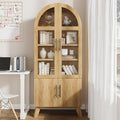 71" Modern Fluted Display Cabinet with Glass Door, Arched Curio Cabinet with Adjustable Shelf, Bookcase for Collectibles Books, Storage Cabinet for Living Room, Dining Room, Natural Oak