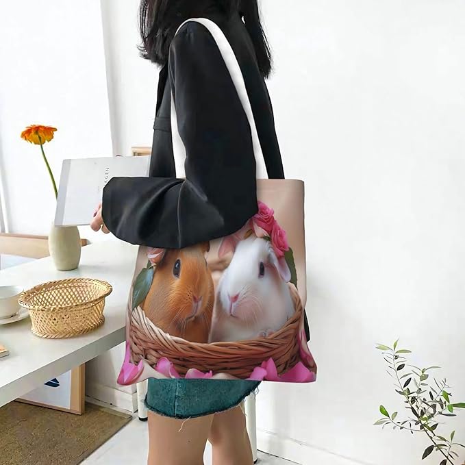 Adorable Rabbits With Flower Crowns, Basket Canvas Tote With Lightweight Foldable Shopping Bag For Daily Use
