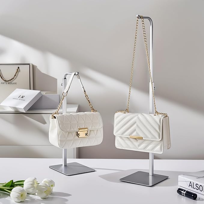Purse Holder Handbag Display Stand: Silver Hanger Rack for Bags, Purses, and Wreath, Adjustable Hook Stand for Tabletop, Closet, and Retail Use for Vendors
