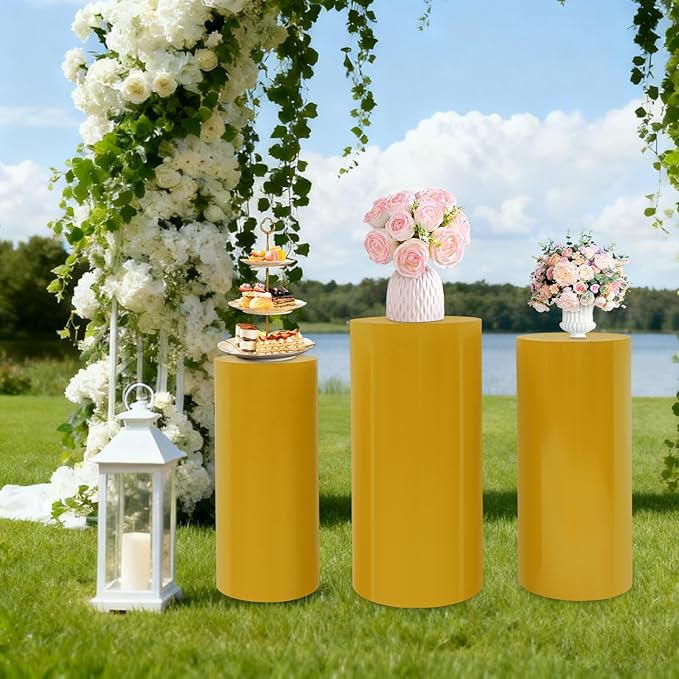 Eapmic Pedestal Stands for Party, Cake Pedestal Stand, Dessert Table Display Plinth Pillars, Sculpture Display Column Decoration Cube for Wedding Birthday (Gold, Cylinder-3Pcs(27.56"+26"+23.62"))