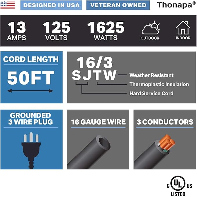 13 Amp Outdoor Extension Cord 50 ft, 2 Pack, 16/3 SJTW 50 Foot Black Extension Cord 3 Prong Multi Pack, Weatherproof ExteriorPower Cable for Outdoor Lights, Landscaping, Lawn, UL Certified