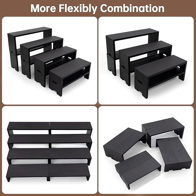 Large Display Wood Risers Wooden Stand 4 Tier Wood Racks, 2 Set 8 Pieces Cupcake Stands Cologne Perfume Organizer Dessert Stands for Vendors Event Black