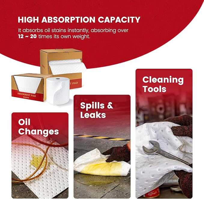 Oil Absorbent Pads | 16"x20" Oil-Only Spill Mat 100-Pack | Industrial Spill Control for Oil & Fuel(24 Gal/Box) | Repels Water Absorbing Sheets