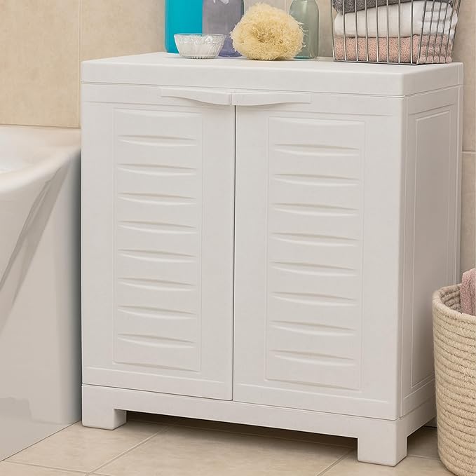 Sunnydaze Freestanding Garage Storage Cabinet with Doors - Indoor Utility Storage Cabinet - 25.5" H - Garage, Office, Home, Laundry Room - Speckled White