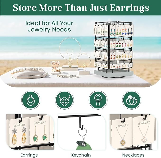 EsLuker.ly Rotating Earring Display Holder Stand for Vendors Events Selling, Large Capacity 64 Hooks Jewelry Rack with Wooden Base for Earring Card Sales, Enhances Retail Visibility (Light Grey)