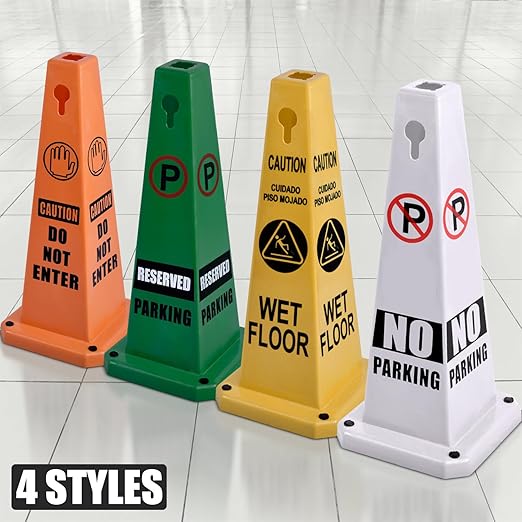 Plastic Traffic Cones, 4-Sided Message Cones, Road Safety Parking Cones, Standing Traffic Warning Signs for Cleaning Area, Garage, No Entry (4, No Parking, Large)