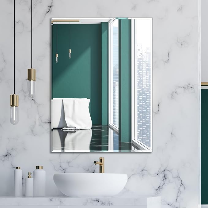 Ruomeng Wall Mirror Beveled Edge Frameless Mirror 24” x 32" Wall Mounted Mirror for Bathroom Vanity and Entryway
