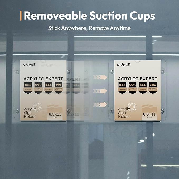 NIUBEE Acrylic Window Sign Holder with Suction Cups 8.5 X 11, Clear Acrylic Frames Glass Door Mount, Displaying Artworks, Menus, for Office, School Hallway, Home, Restaurant (12 Pack)