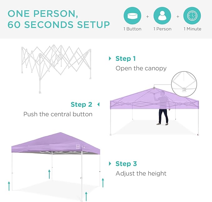 Best Choice Products 10x10ft 1-Person Setup Pop Up Canopy Tent Instant Portable Shelter w/ 1-Button Push, Case, 4 Weight Bags - Lilac/White