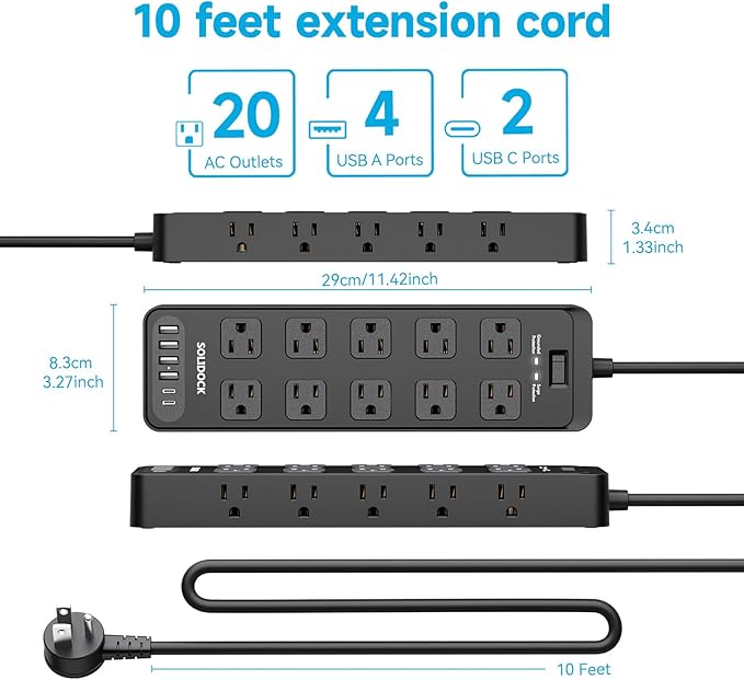 Power Strip Surge Protector Flat Plug with 20 AC Outlets 6 USB Chagring Ports, 1875W/15A, 2700J, 10 Ft Heavy Duty Extension Cord for Home, Office, Dorm, Gaming,ETL Listed (Black, 10 Feet)