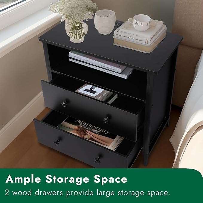 27 Inch Wide Night Stand, Large Wood Night Stand with 2 Drawer, LED Nightstand with Charging Station and Adjustable Drawer, Bedside Table for Living Room/Bedroom/Study/Office, Black.