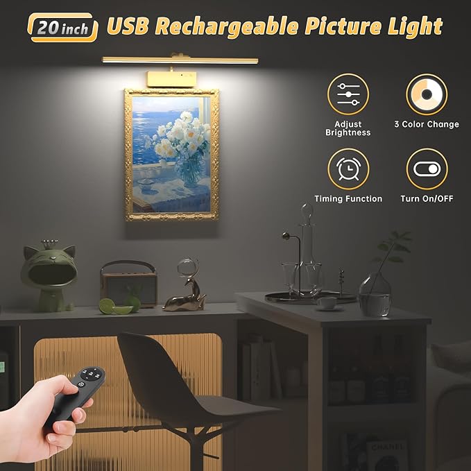 Lightbiz Picture Light, 20inch 6000mAh Rechargeable Picture Lights for Wall Battery Operated Wall Lights with Remote, 3 Colors Paintings Light Dimmable Art Light for Artwork, Gallery (Gold)
