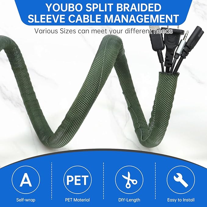 Split Braided Cable Sleeve，Flexible Wire Loom Tubing, Automotive Cord Protector Pet Proof, Cable Management for Computer TV Electric Wires Harness 16ft (Dark Green, 8mm（5/16")