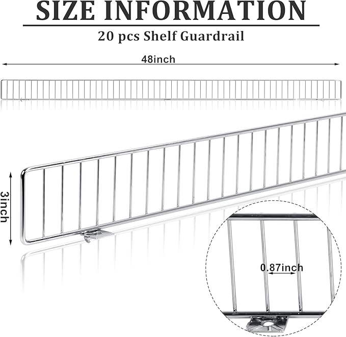 20 Pcs Retail Gondola Shelf Front Wire Fence Guard Rail 48" X 3" Sturdy Metal Supermarket Guardrail Chrome Commodity Organization Baffle Display Enhancer for Retail Stores Fruit Fresh Food