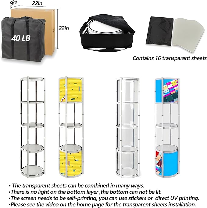 Foldable Display Case,Portable Display Cabinet,Retail Display Racks,Storage Showcase Cabinets Luminescent with LED-Light for Tradeshow Display,Tradeshow Booths ,White Round 4-Shelves 18x76inch