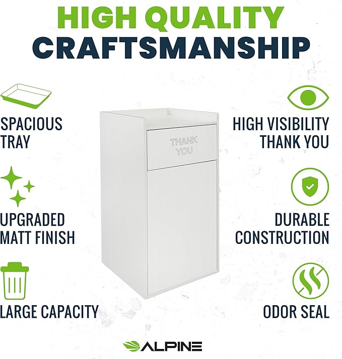Alpine Restaurant Trash Can Cabinet - Commercial Trash Can 40 Gallon, Garbage Receptacle Indoor with Tray Holder for Restaurants, Cafeterias (White)