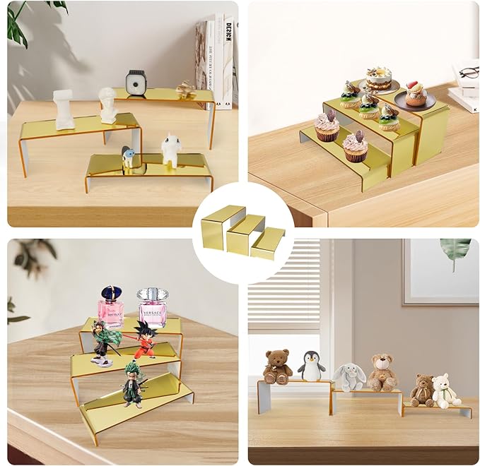 Acrylic Display Risers 2 Sets 3 Tier Cupcake Stand for Dessert Jewelry Pop Figures Shelves Retail Shoe Showcase (Gold)