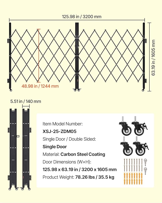 VEVOR Double Folding Security Gate, Lockable Scissor Gate with 360° Swivel Casters, Outdoor Barricade Steel Retractable Gates, for Entry Security, Garage, Warehouse & Pool, 125.98 x 63.19 in (W x H)