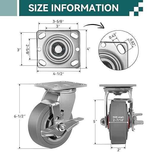 5'' × 2'' Caster Wheels, Heavy Duty Industrial Casters, Rubber Wheels with Roller Bearing, Load 700lbs per Swivel Caster for Cart Dolly Toolbox Trolley (2 Brake)
