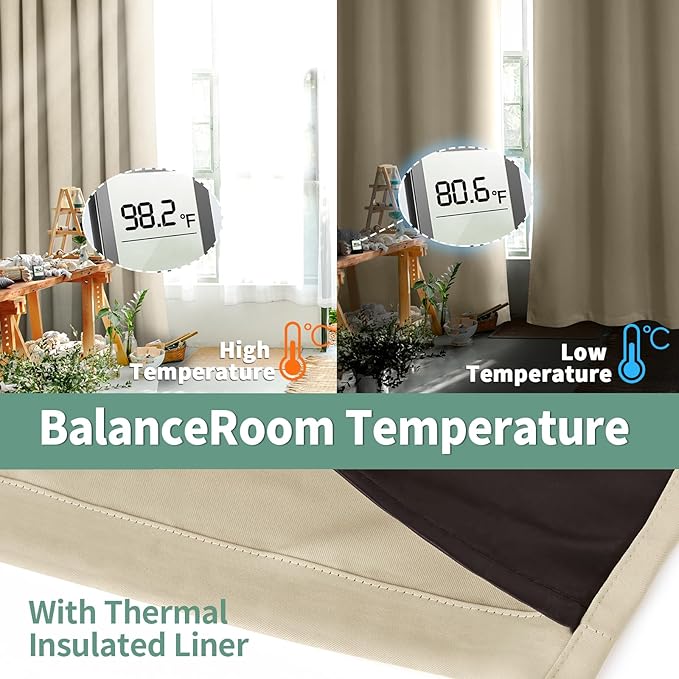 Beige Blackout Curtains 84 Inch Length 2 Panels Set for Living Room, Thermal Insulated 100% Room Darkening Light Blocking Soundproof Grommet Window Curtains with Black Liner, Each 42 Inch Wide